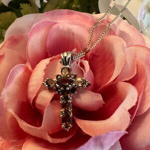 Smoky Quartz Cross 925 Silver Pendant With Silver 18" Chain